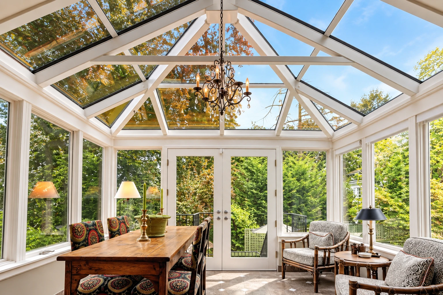 A bright four-season sunroom with a glass-paneled vaulted roof, a wooden dining table, and cushioned chairs surrounded by garden views.