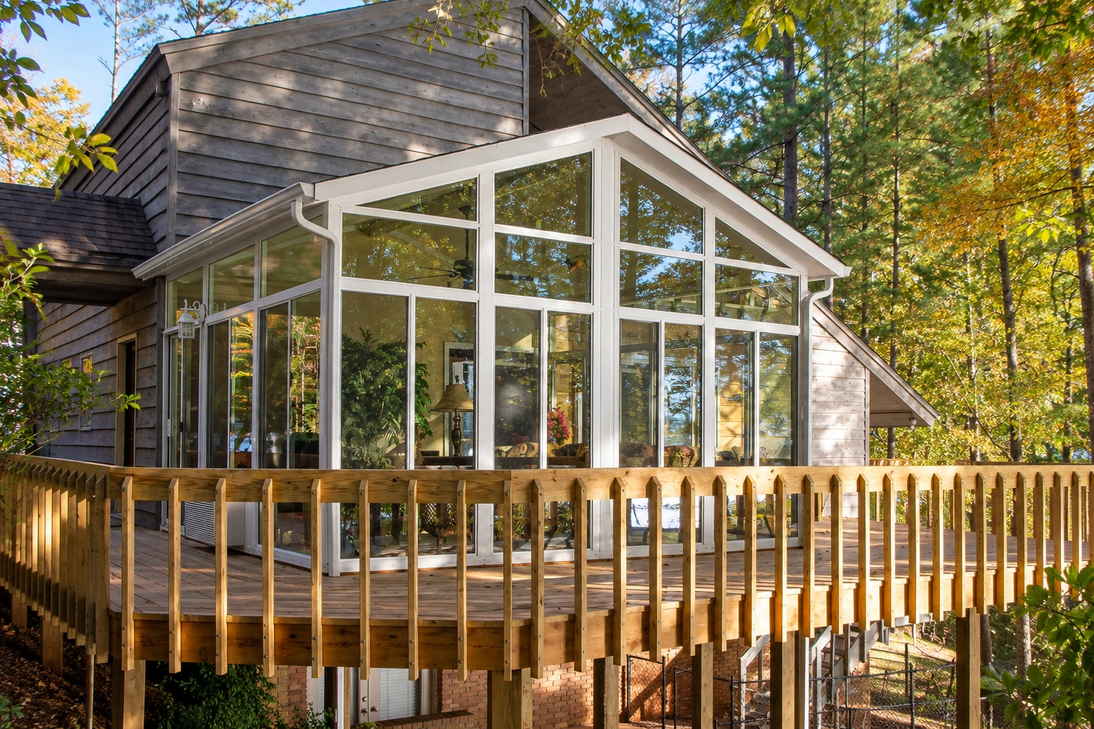 A custom sunroom with tall white-framed windows and a peaked glass facade, set on a raised wooden deck among trees.