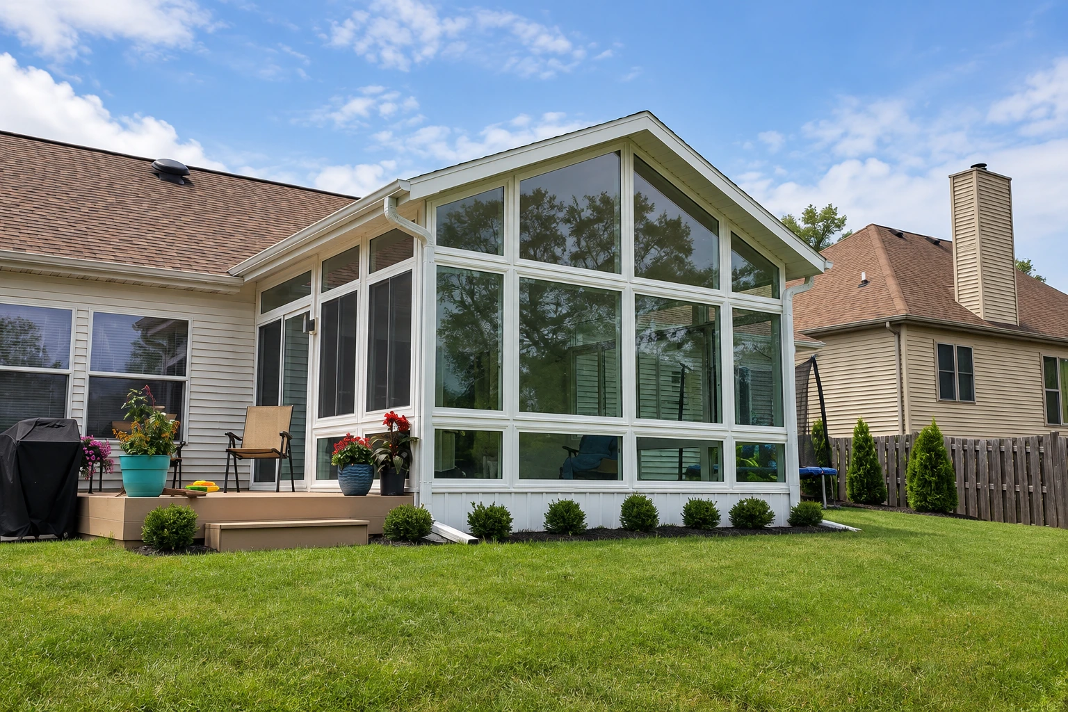 House with a tall, gabled glass sunroom addition beside a raised deck and lawn.