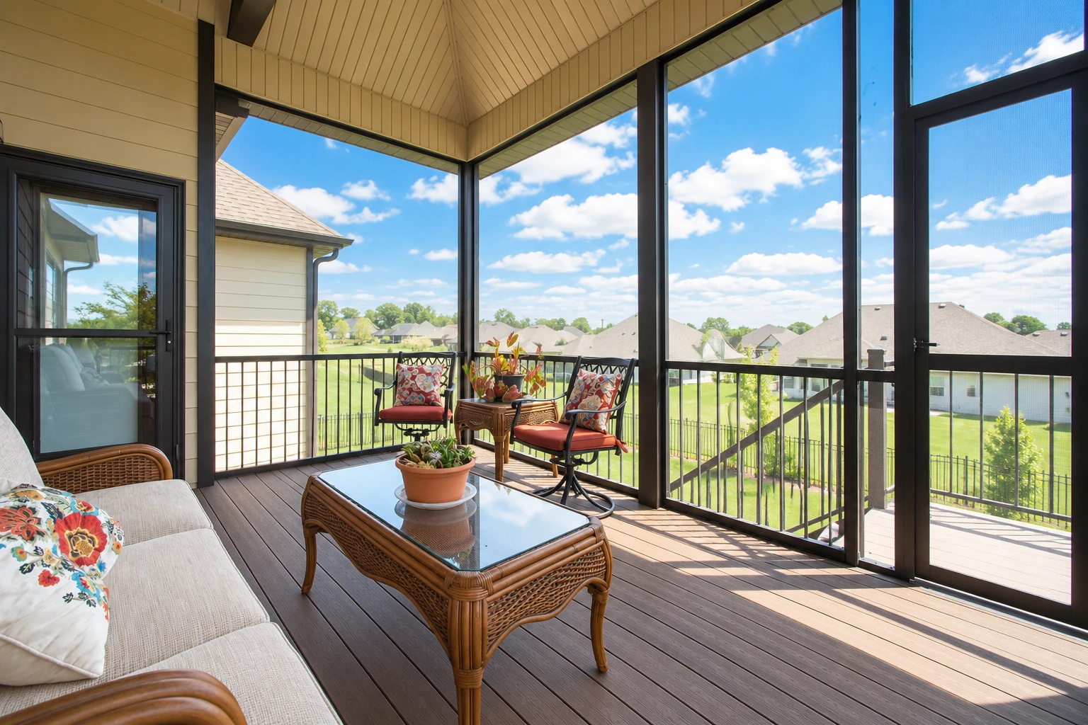 A screened-in deck conversion with dark-framed walls, wicker seating, a glass-top table, and a view of neighboring homes.
