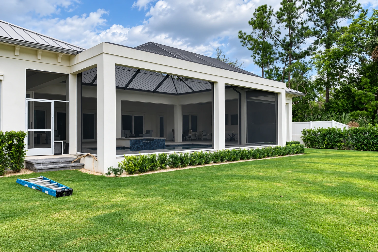 A white-framed screened patio enclosure extends from a house beside a green lawn and tall trees.