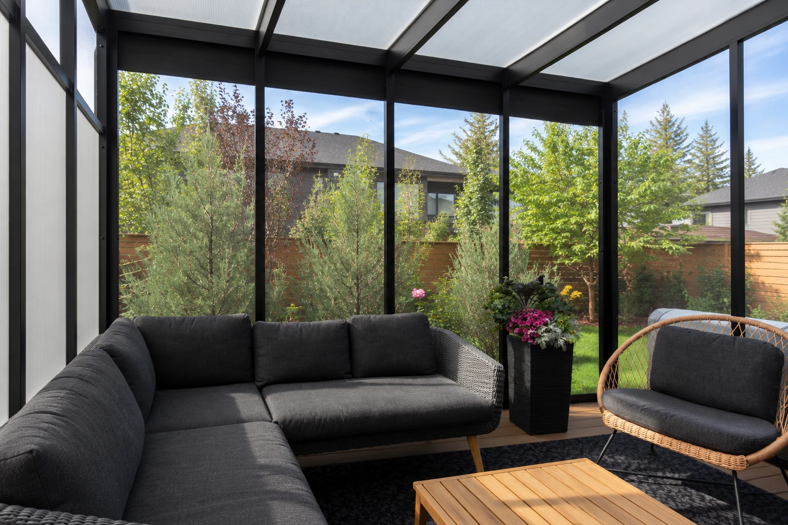 A glass-enclosed patio with dark framing contains a charcoal sectional, wicker chair, and wooden coffee table overlooking a garden.