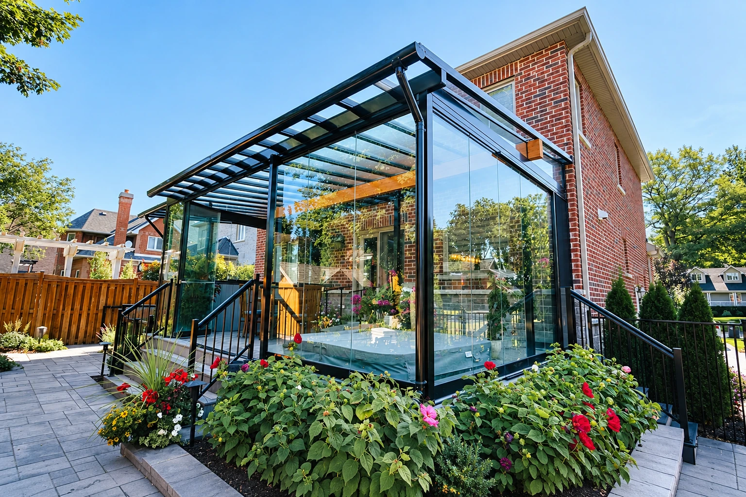 A glass four-season sunroom with black framing and a clear peaked roof stands beside a brick house amid flowering garden beds.