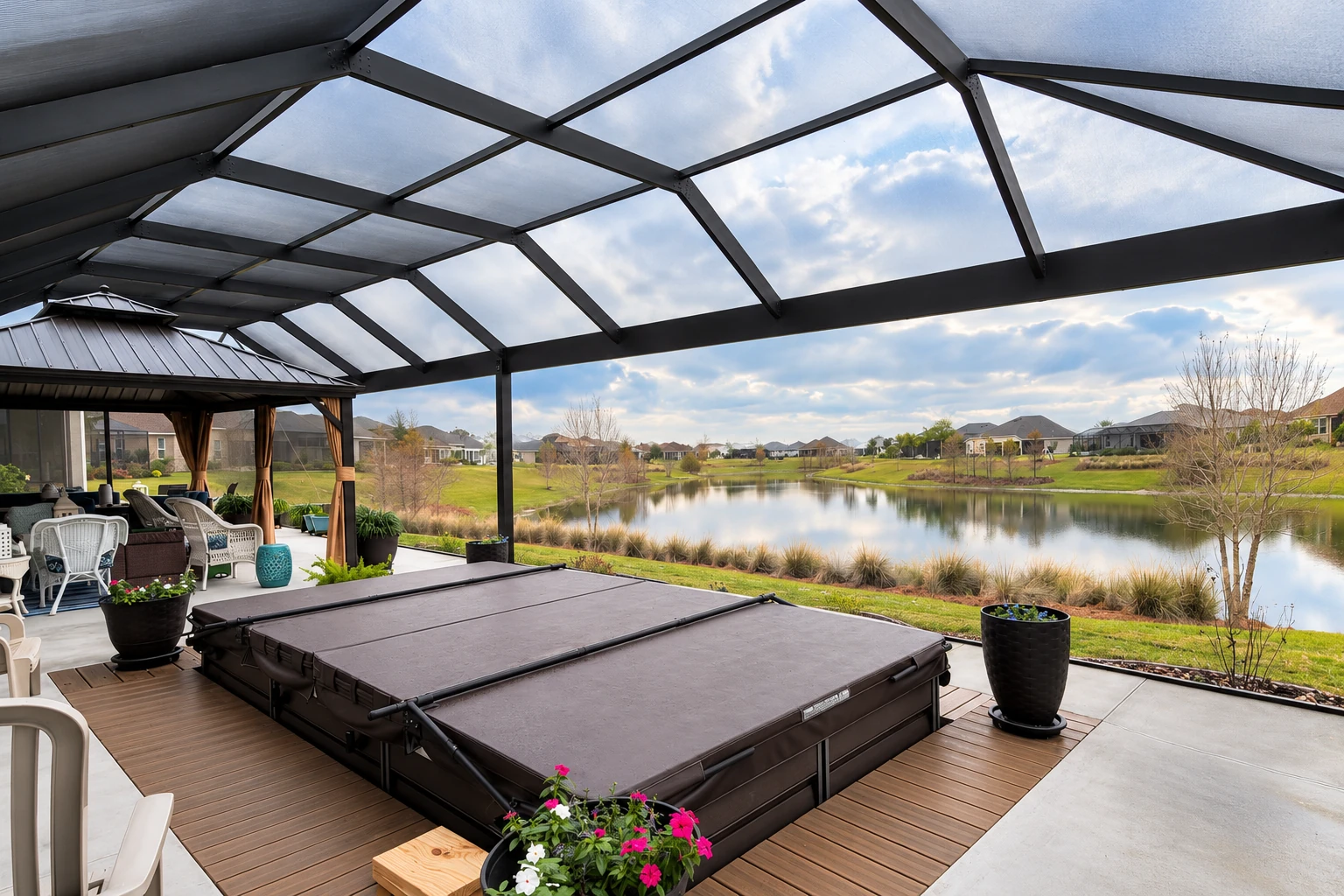 A dark-framed patio cover with translucent roof panels shelters a deck beside a pool and a lakefront neighborhood.