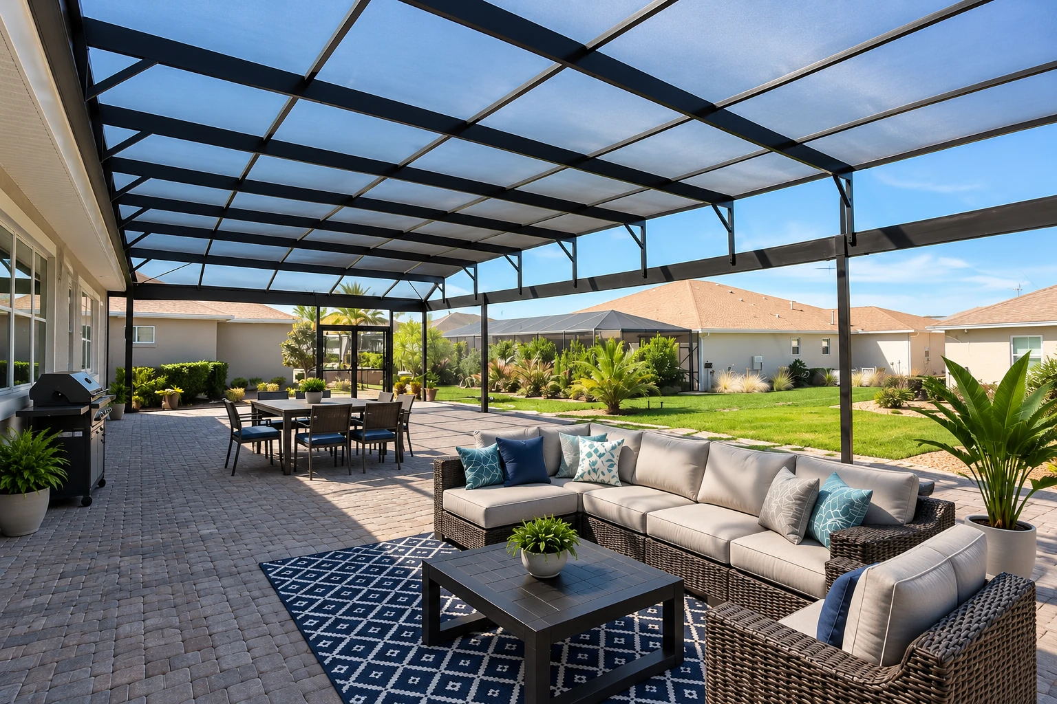 A spacious patio enclosure with a dark metal-framed roof, outdoor dining set, and cushioned wicker seating on a paved patio.