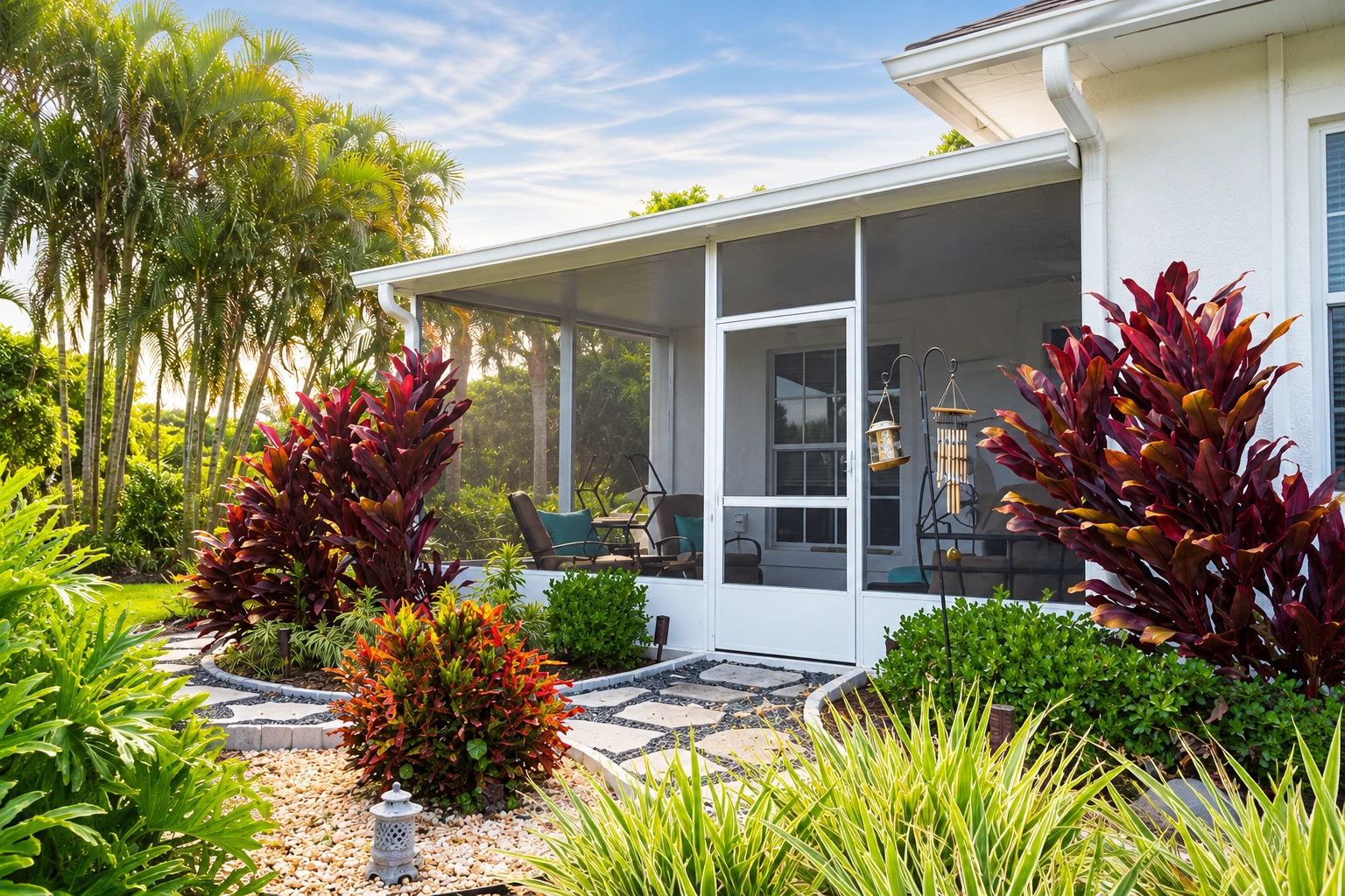 Screened patio conversion with a white frame, central entry door and tropical landscaping.