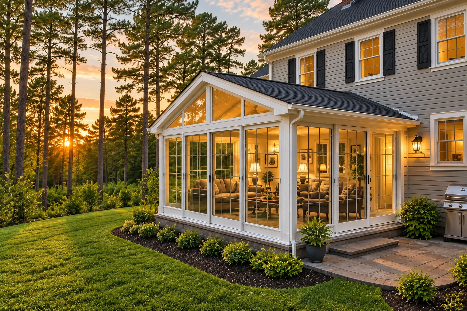 White-framed sunroom addition with a peaked glass gable, glowing interior lights, and a patio beside a wooded yard.