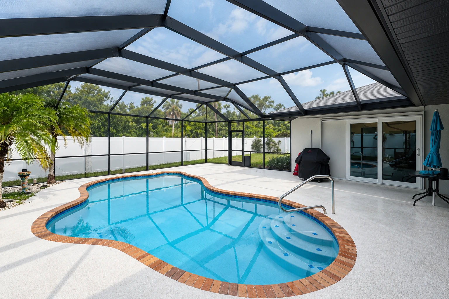 Screened pool enclosure with a dark metal frame, curved blue pool and white patio.