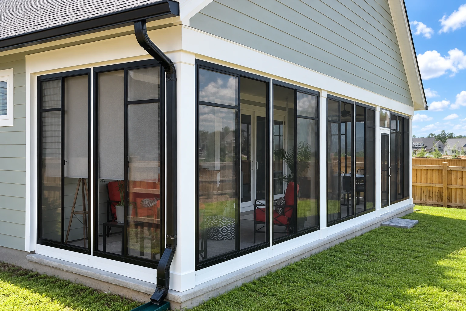 A house exterior with a newly enclosed screen room featuring black-framed panels, white trim, and a lawn along its concrete base.