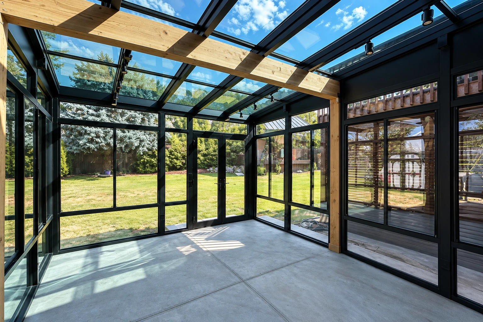 An unfinished solarium interior has black-framed glass walls and roof, exposed wood beams, and a concrete floor.