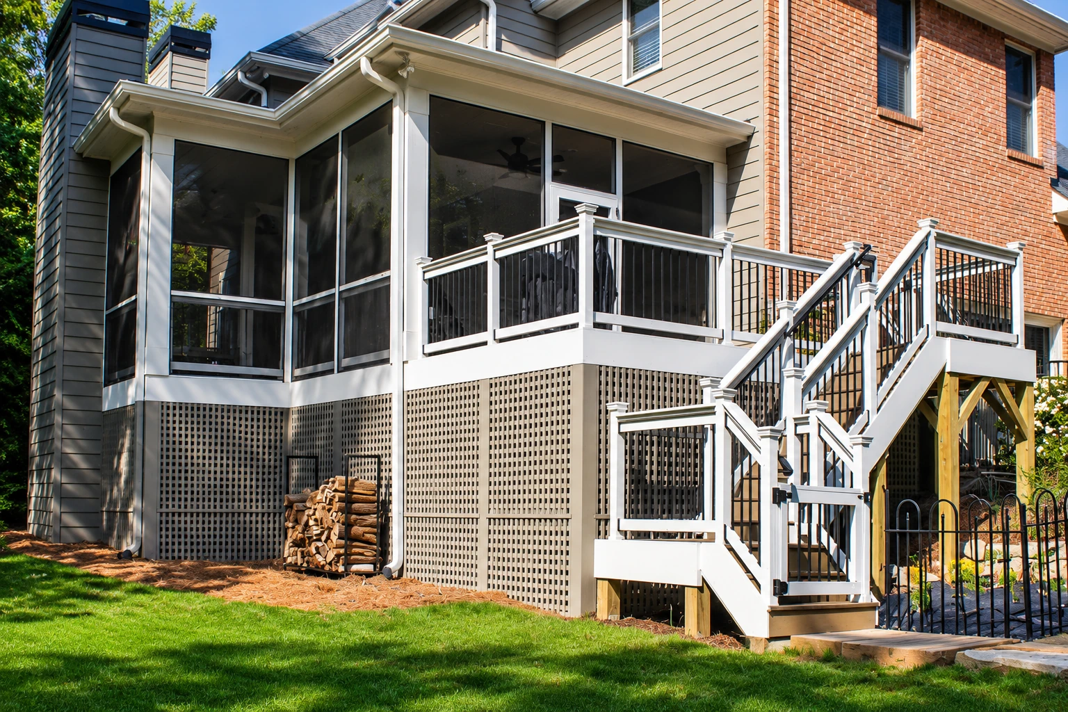 A raised sunroom addition with dark screened windows, white trim, deck railing and stairs beside a two-story house.