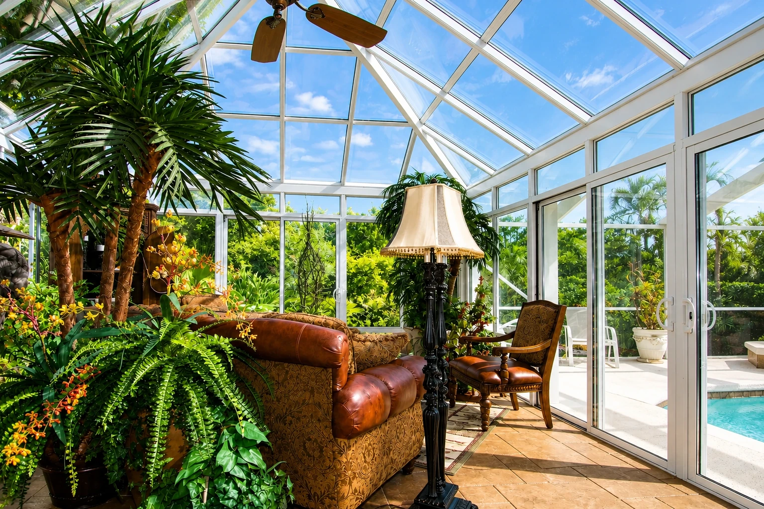 Bright sunroom with a glass-paneled peaked roof, ceiling fan, tropical plants, leather seating and doors opening to a pool patio.