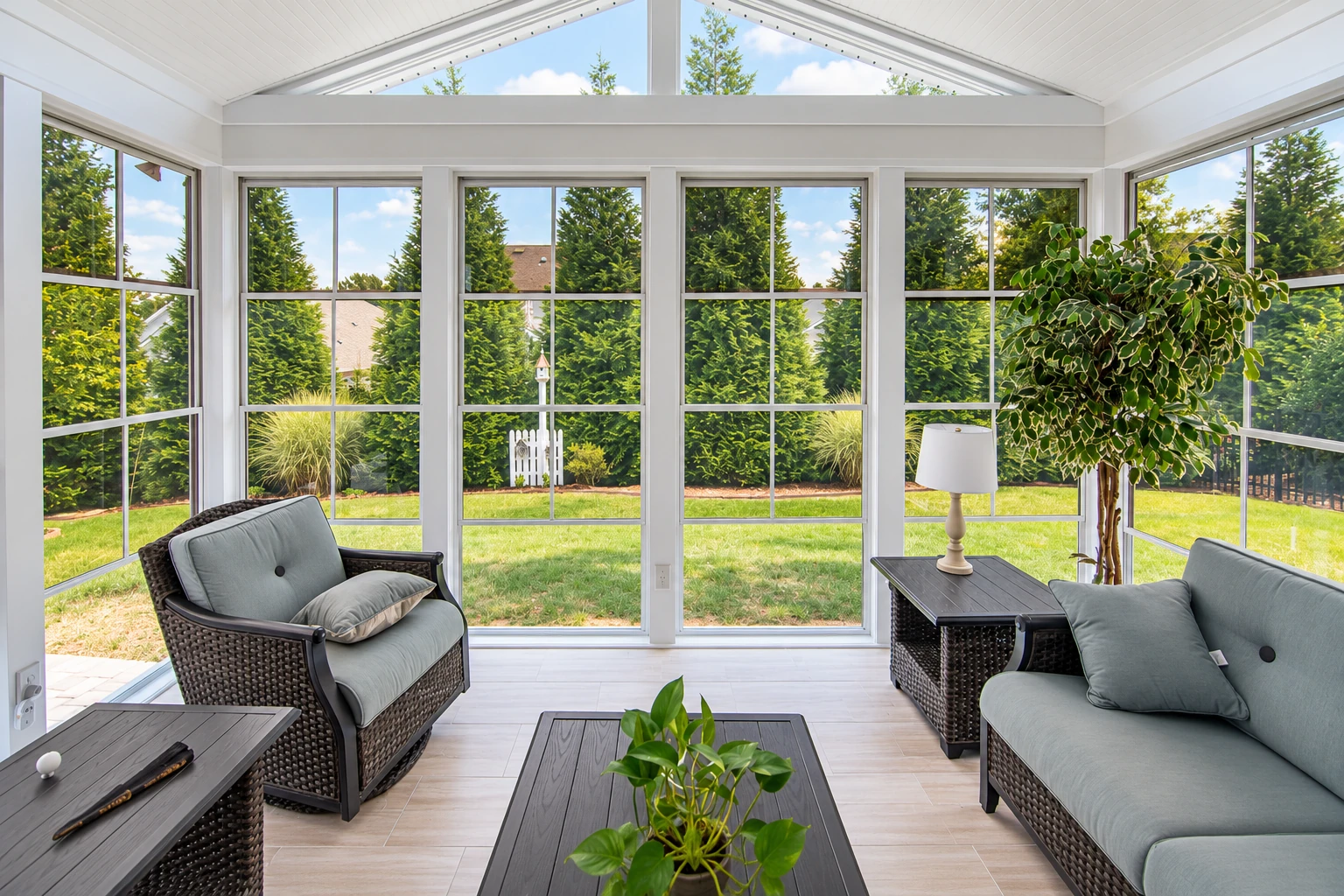 Sunroom with white framing and broad windows, furnished with wicker chairs and a sofa overlooking a green garden.