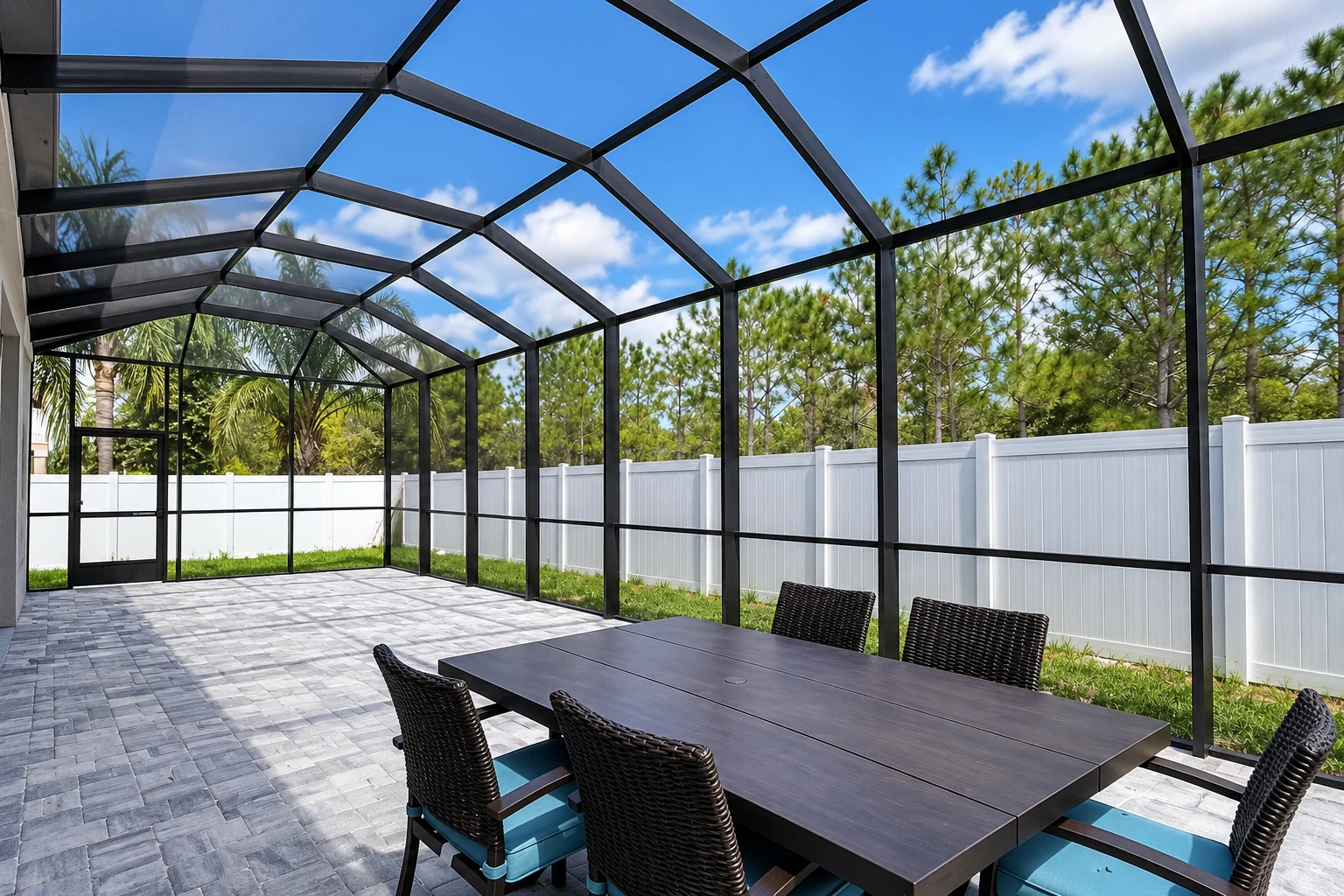 A black-framed sunroom with a glass roof encloses a paved patio with a dark dining table and white fence beyond.