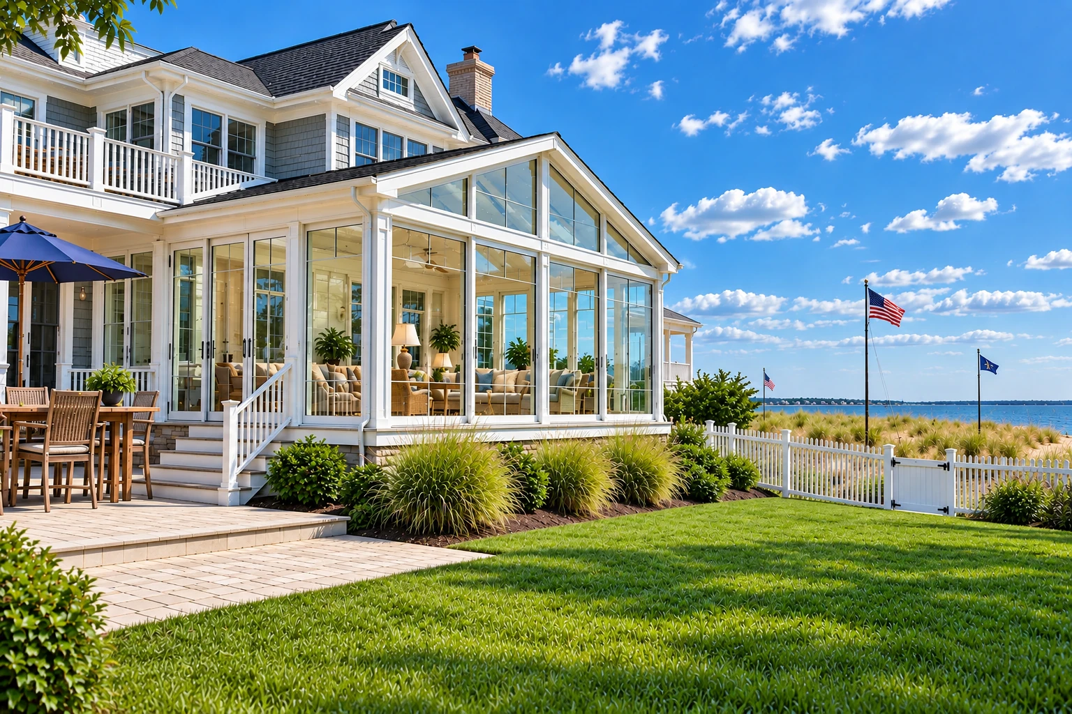 A white-framed sunroom with a peaked glass wall extends from a large house beside a waterfront lawn and patio.