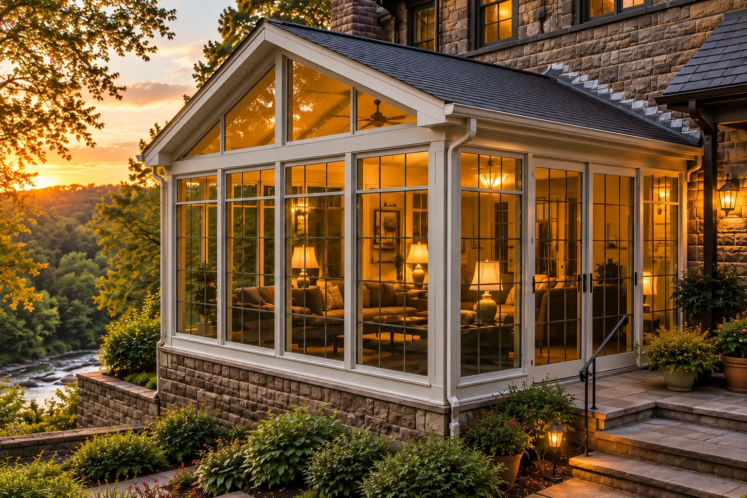 Glass-enclosed sunroom with a peaked roof and warmly lit seating, attached to a stone house at sunset.