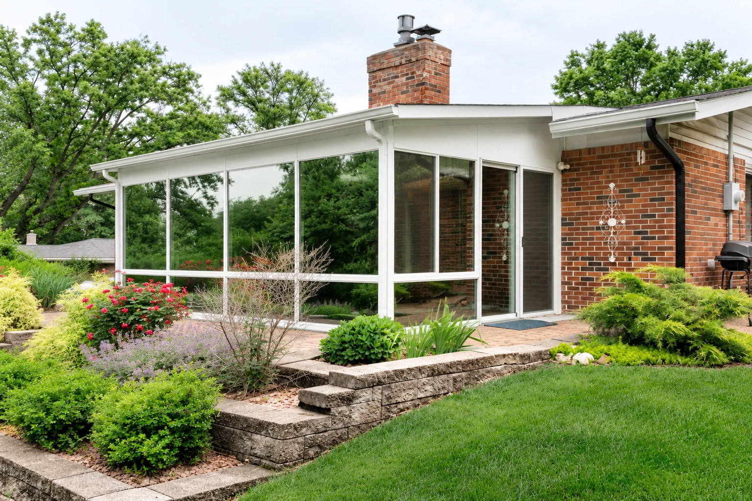 A white-framed three-season sunroom with broad windows adjoins a brick house, surrounded by garden beds and stone steps.